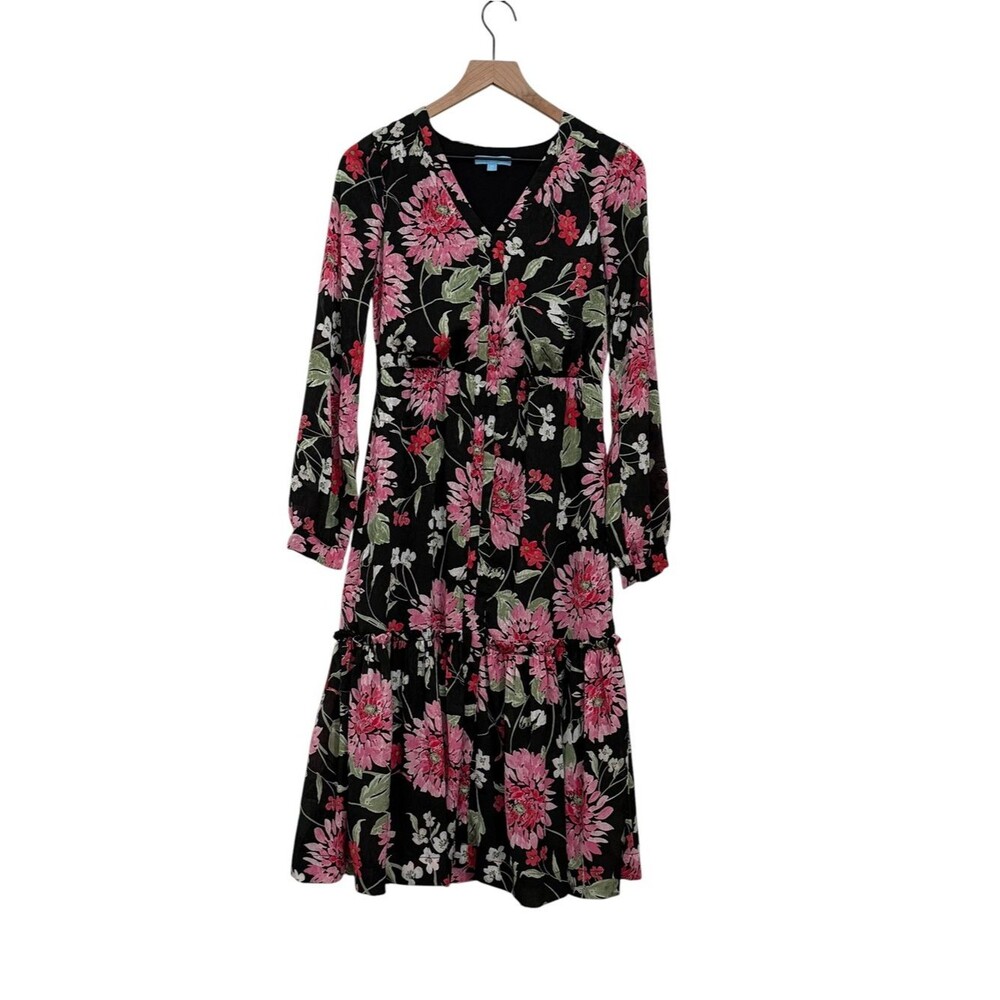Draper James Black Floral V-Neck Tiered Midi Dress size XL